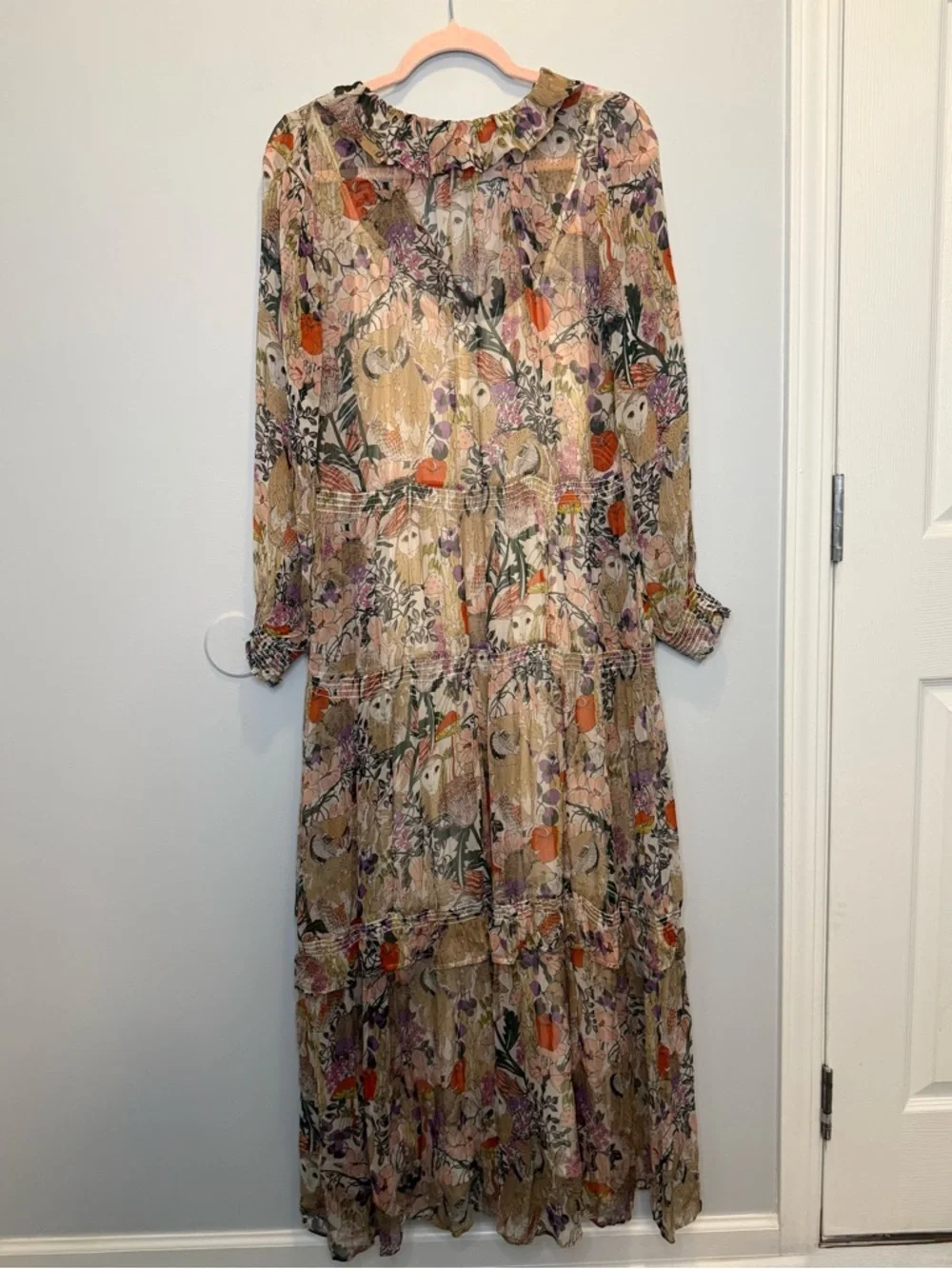Anthropologie Marais Woodland Owl Floral Tiered Maxi Dress Small Boho - Picture 3 of 9